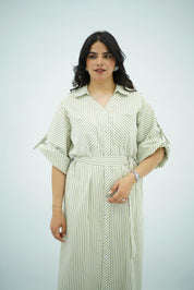 Robe chemise longue rayée vert avec ceinture