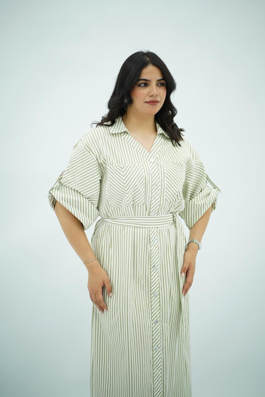 Robe chemise longue rayée vert avec ceinture