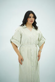 Robe chemise longue rayée vert avec ceinture