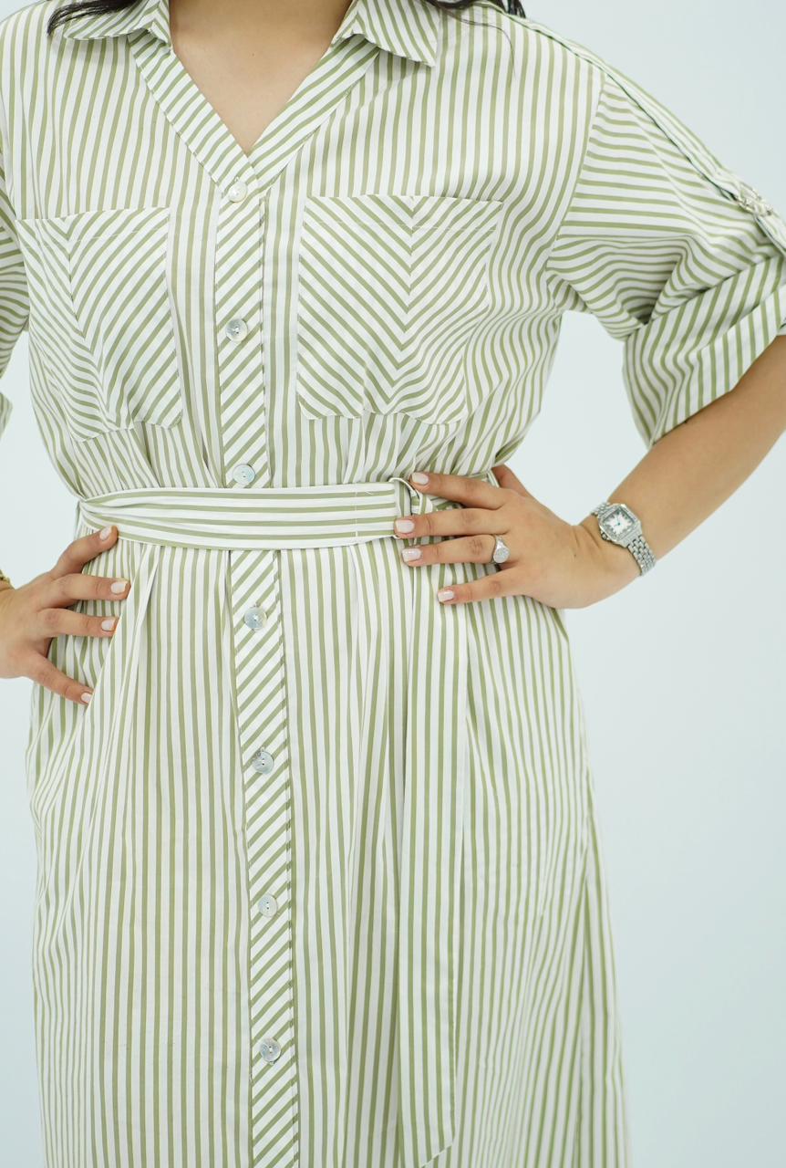 Robe chemise longue rayée vert avec ceinture