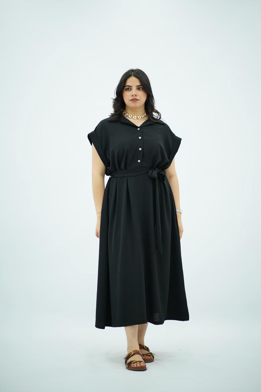 Robe longue noir ceinturée en crepe