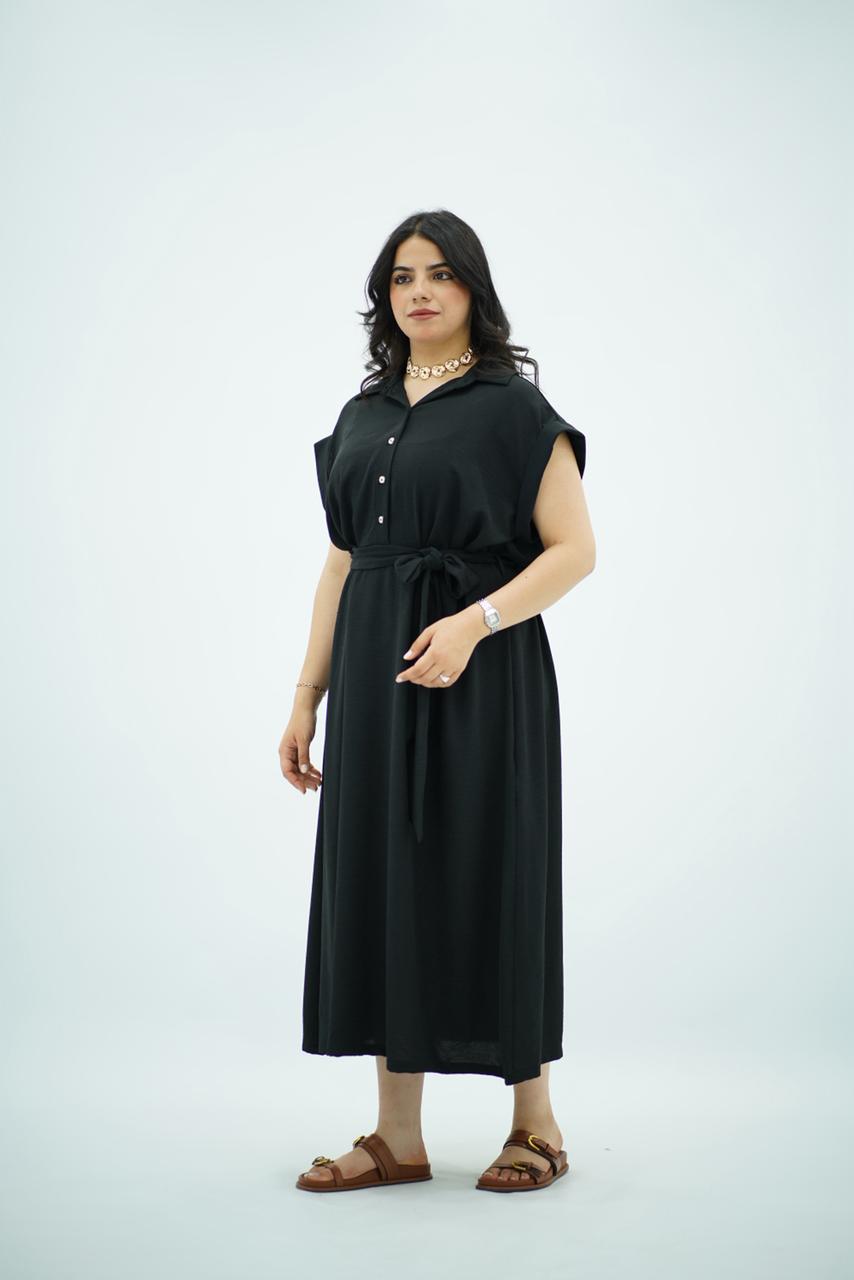 Robe longue noir ceinturée en crepe
