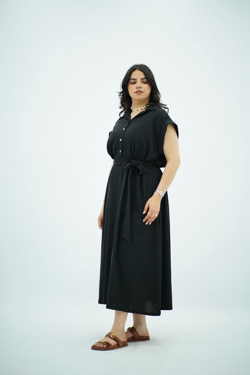 Robe longue noir ceinturée en crepe