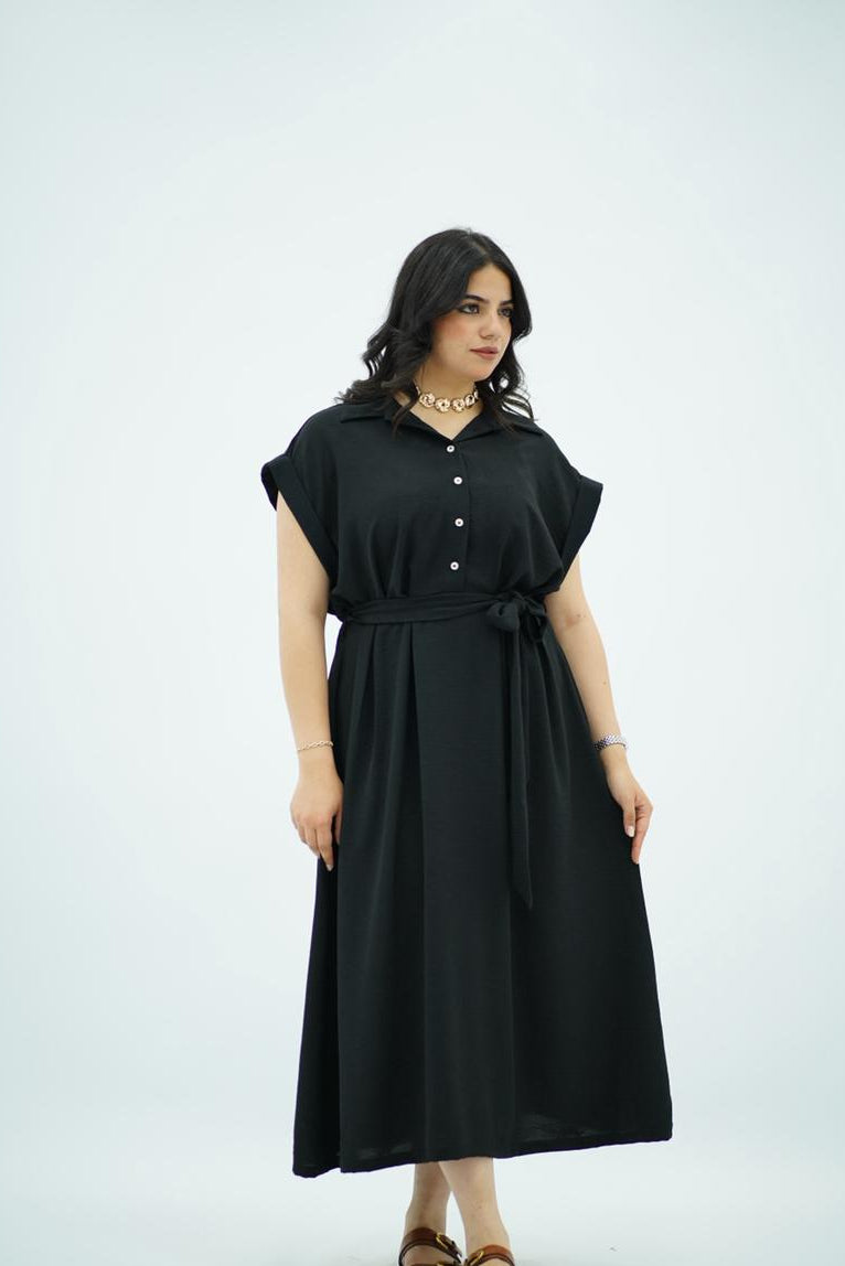 Robe longue noir ceinturée en crepe