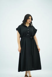 Robe longue noir ceinturée en crepe