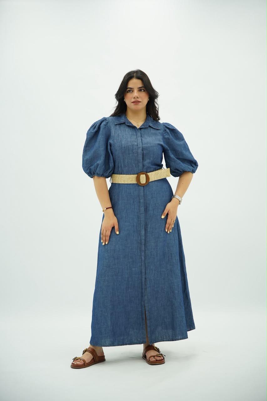 Robe Denim à Manches Bouffantes avec Ceinture en Paille