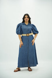 Robe Denim à Manches Bouffantes avec Ceinture en Paille