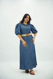 Robe Denim à Manches Bouffantes avec Ceinture en Paille