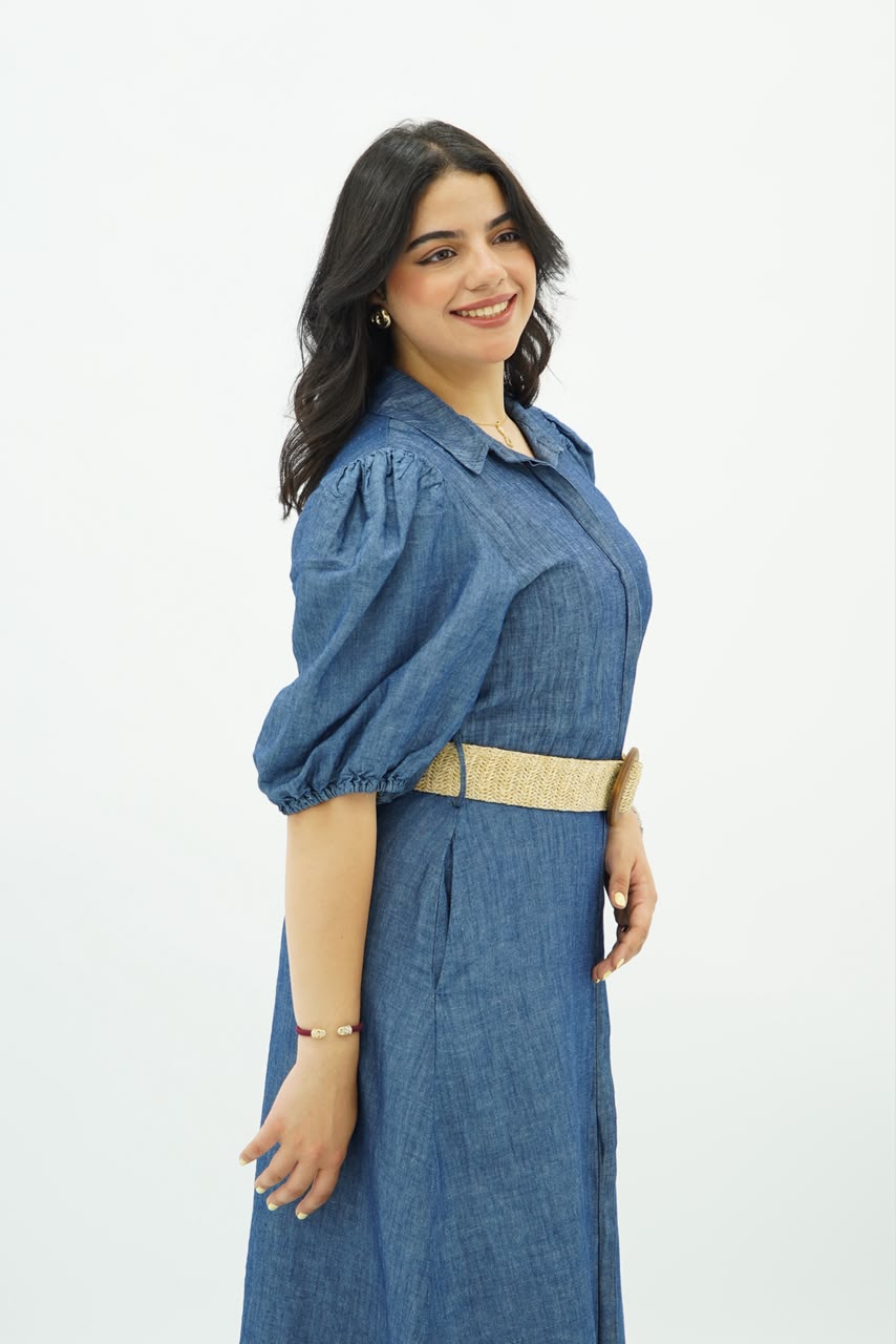 Robe Denim à Manches Bouffantes avec Ceinture en Paille