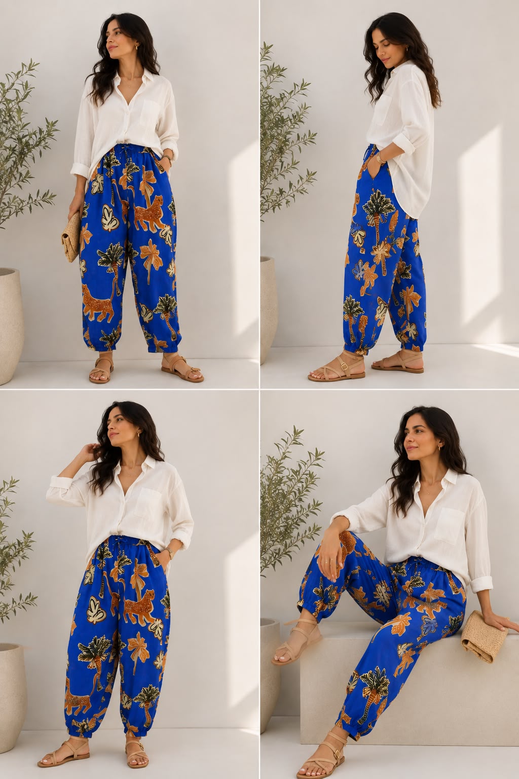 Pantalon Imprimé Tropical Bleu