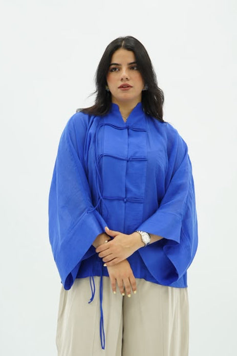 Chemise Kimono Fluide à Fermeture Nouée – Bleu Roi