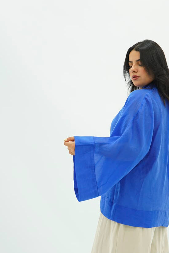 Chemise Kimono Fluide à Fermeture Nouée – Bleu Roi