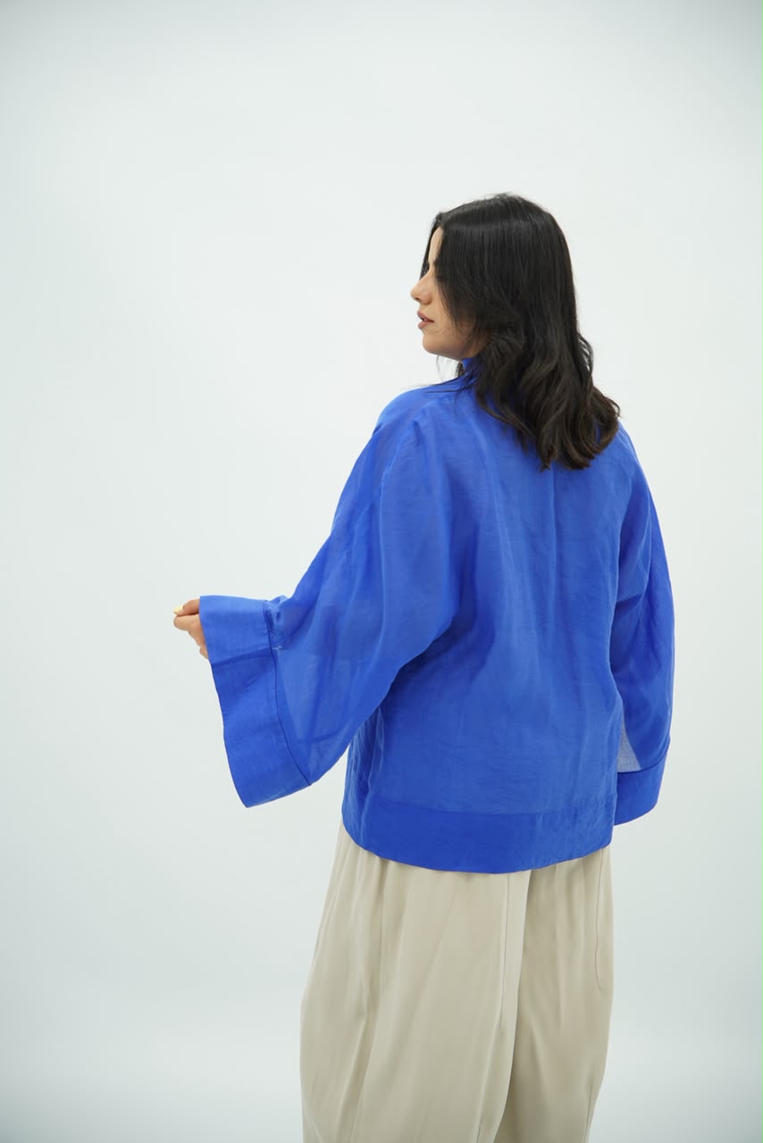 Chemise Kimono Fluide à Fermeture Nouée – Bleu Roi