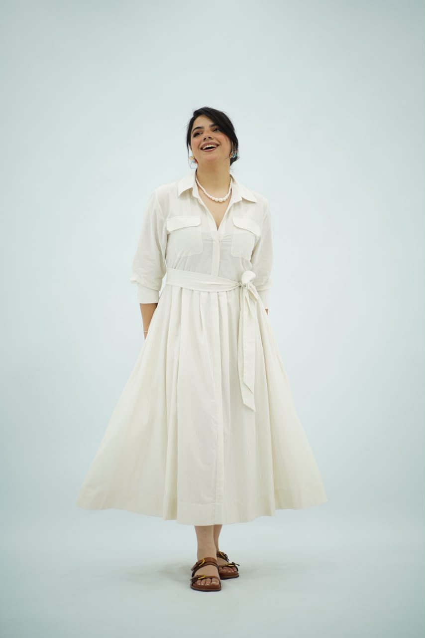 Robe Blanc cassé à petit pois Évasée Ceinturée