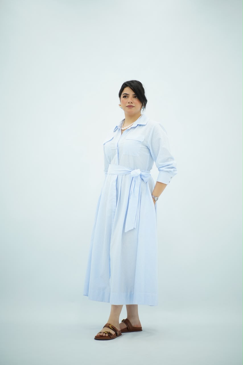 Robe Bleu ciel Évasée Ceinturée