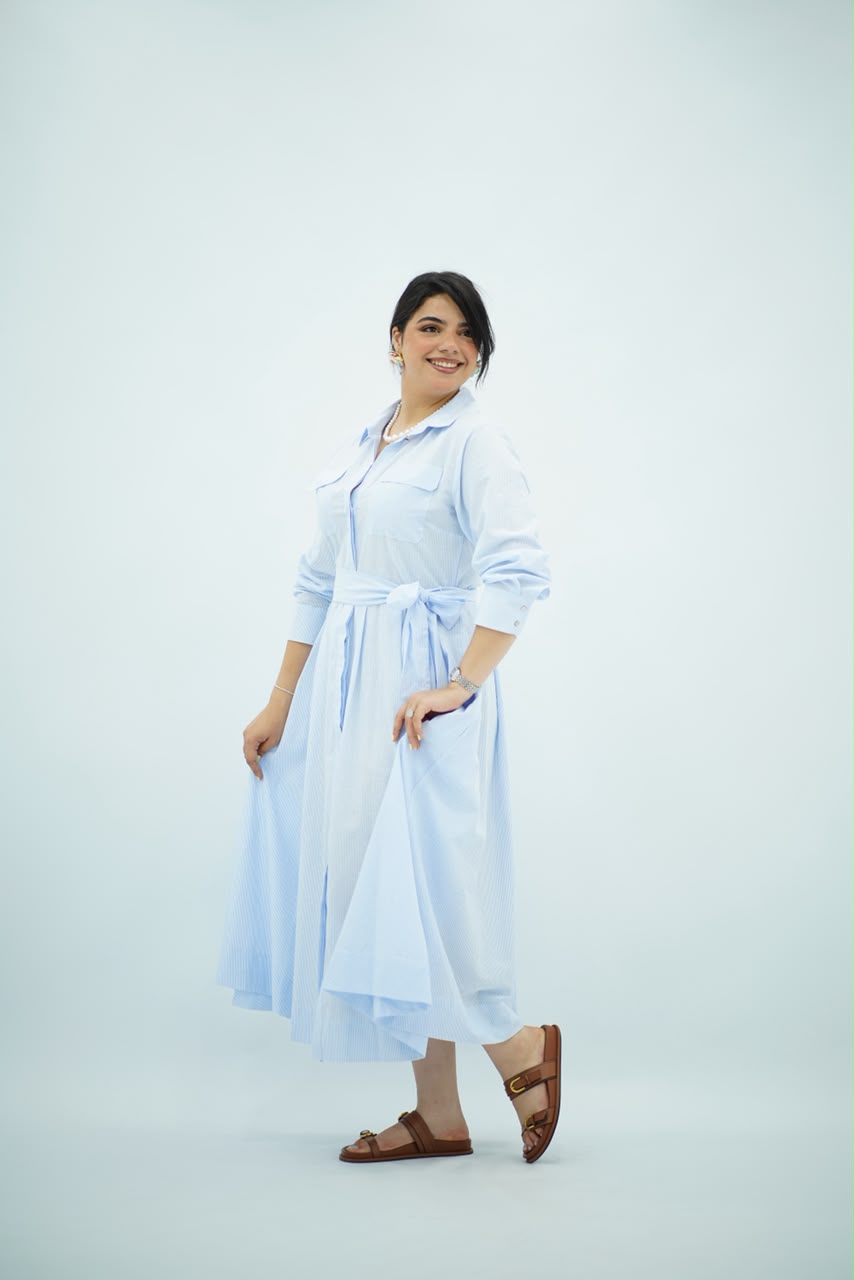 Robe Bleu ciel Évasée Ceinturée