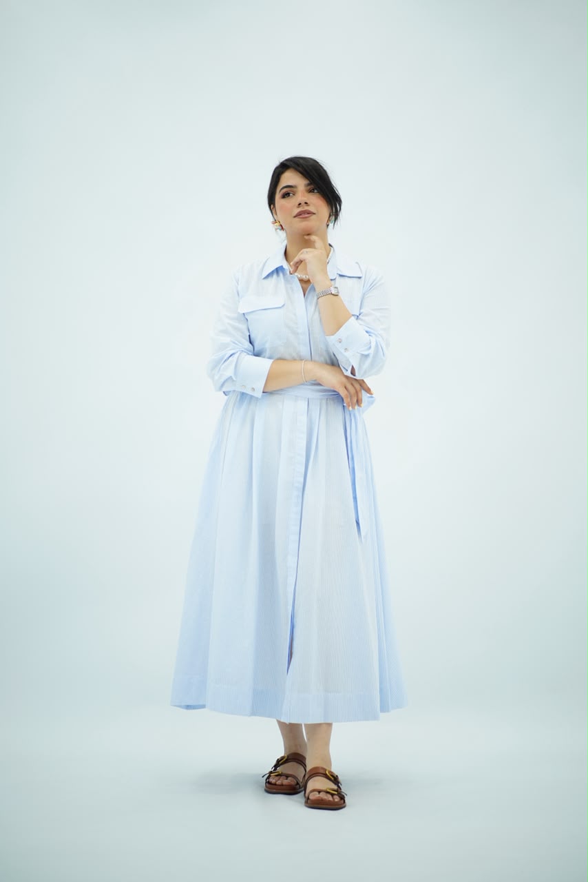 Robe Bleu ciel Évasée Ceinturée