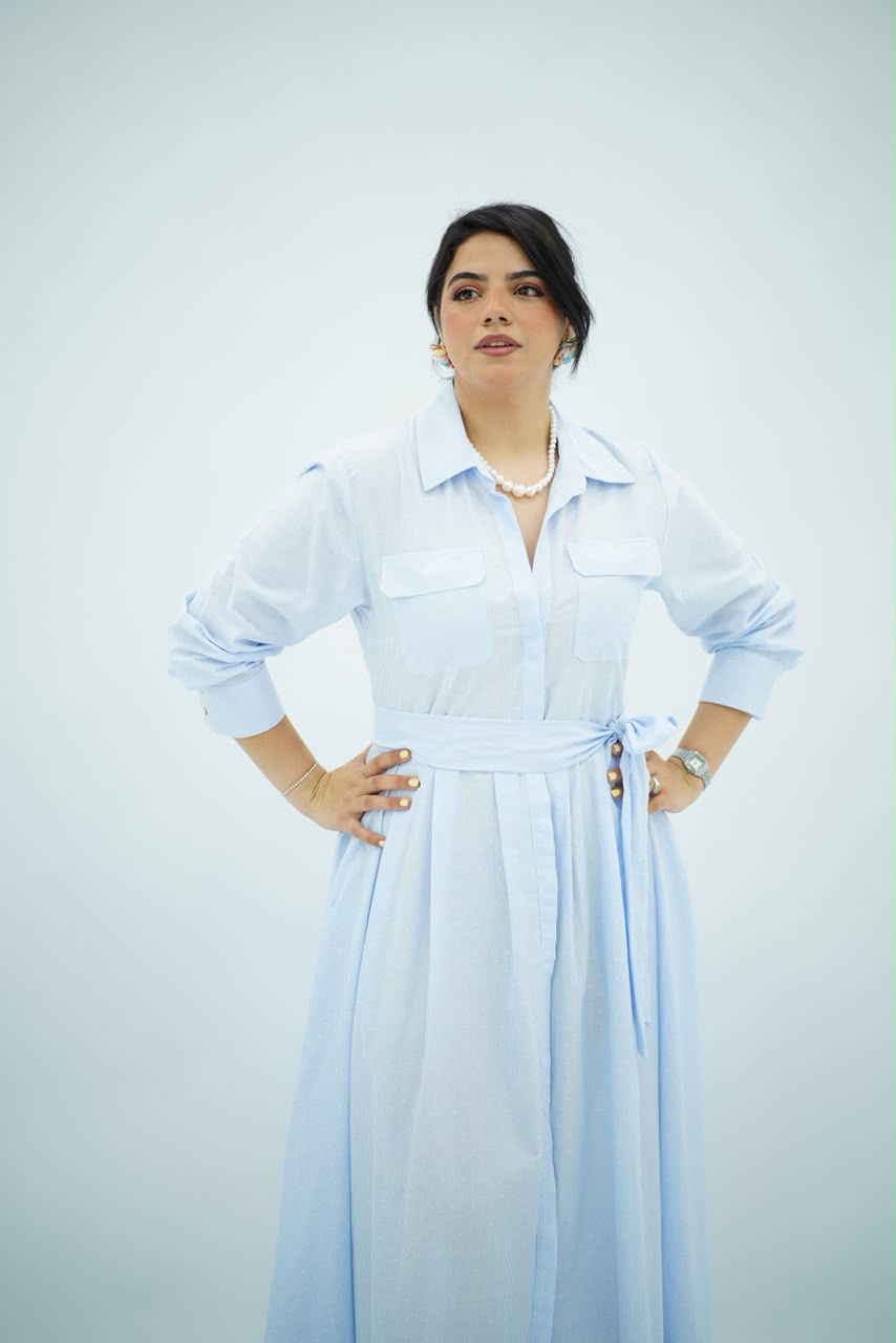 Robe Bleu ciel Évasée Ceinturée