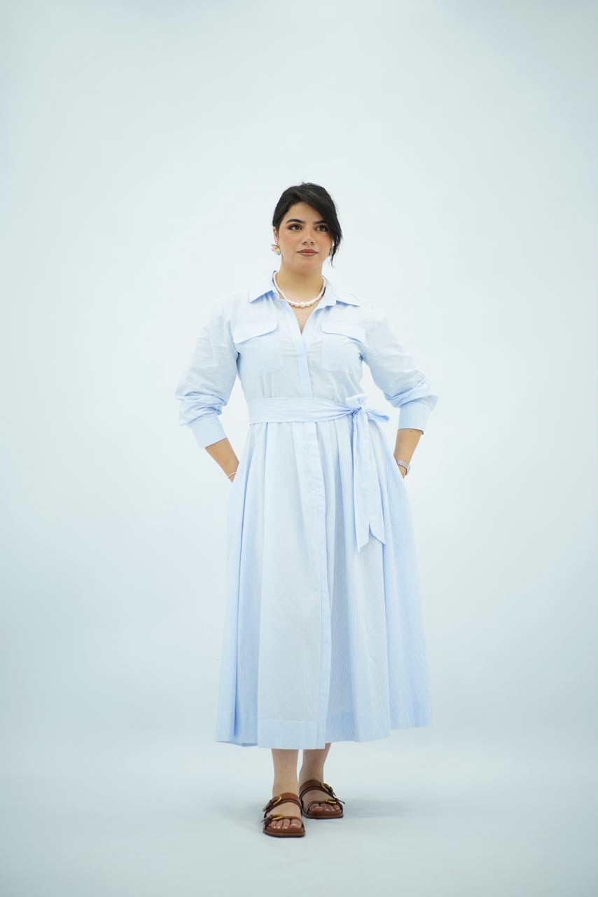 Robe Bleu ciel Évasée Ceinturée