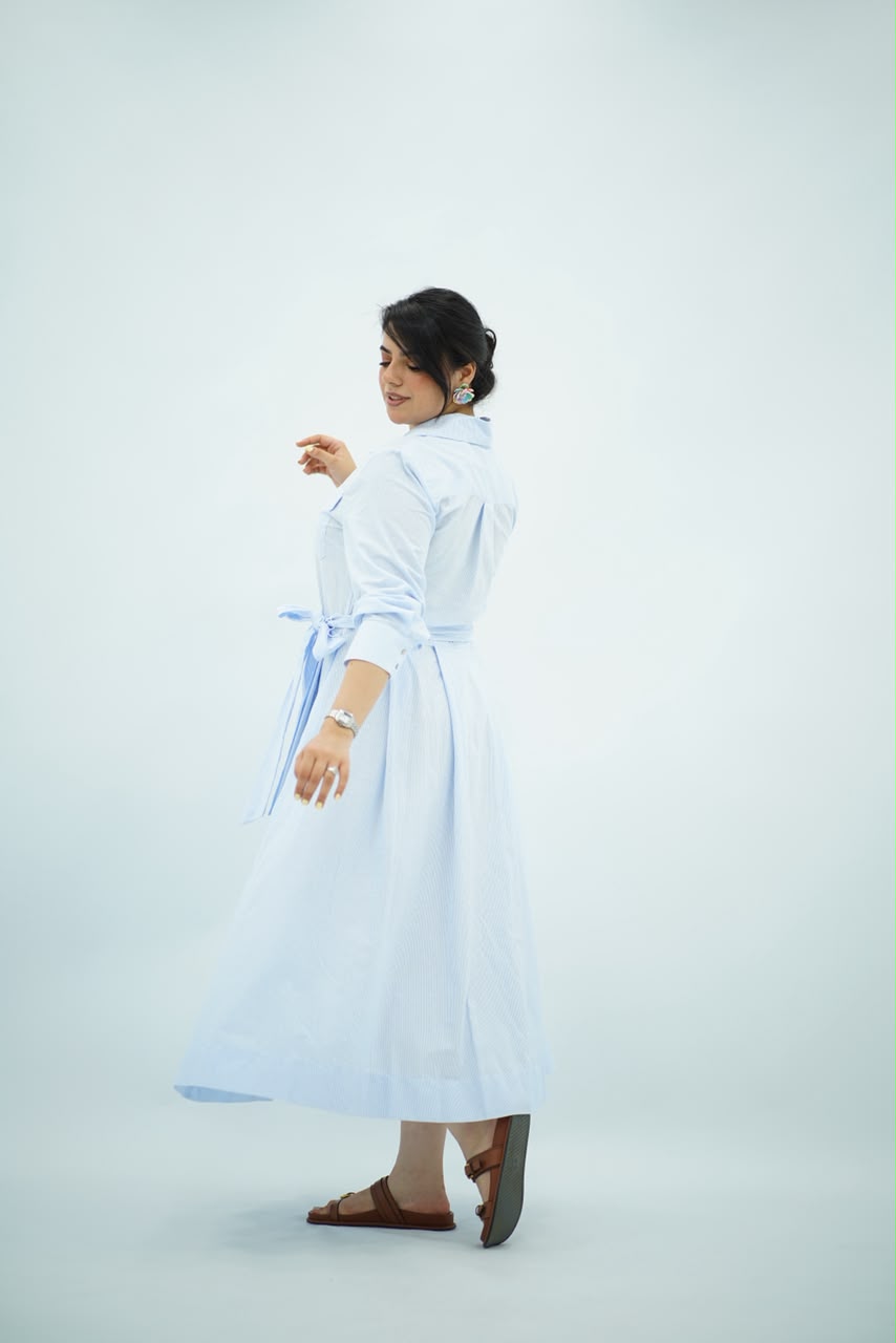 Robe Bleu ciel Évasée Ceinturée