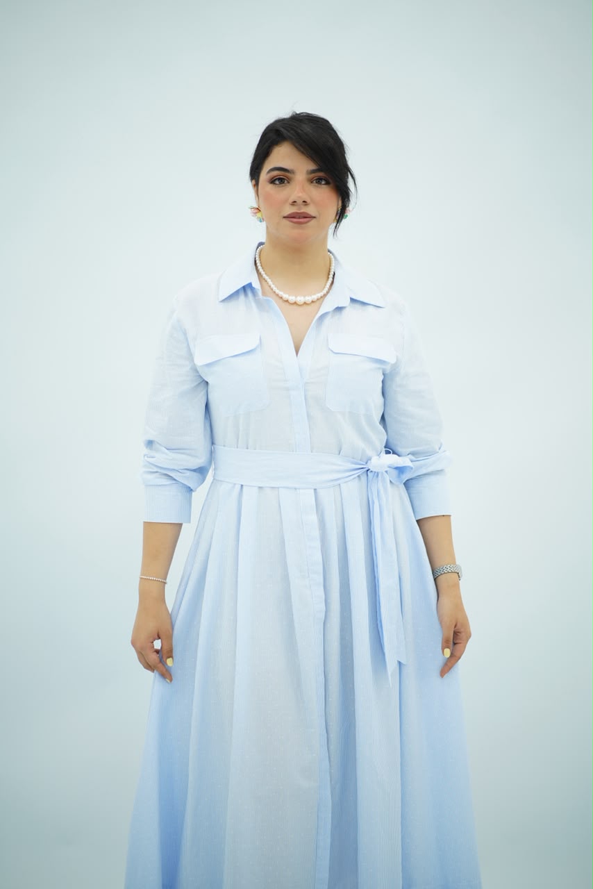 Robe Bleu ciel Évasée Ceinturée