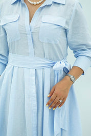 Robe Bleu ciel Évasée Ceinturée