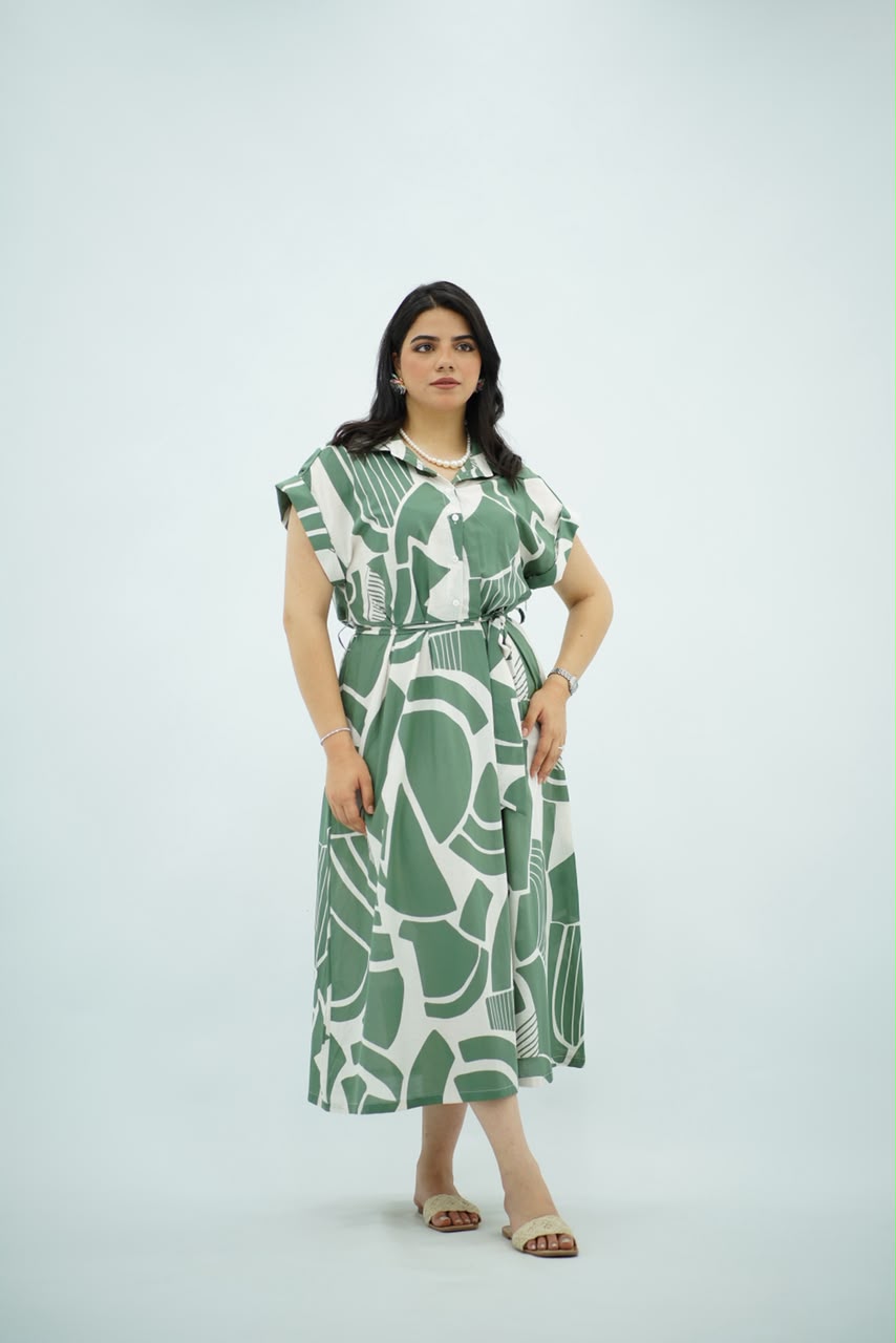 Robe Chemise Longue Imprimé Graphique Vert
