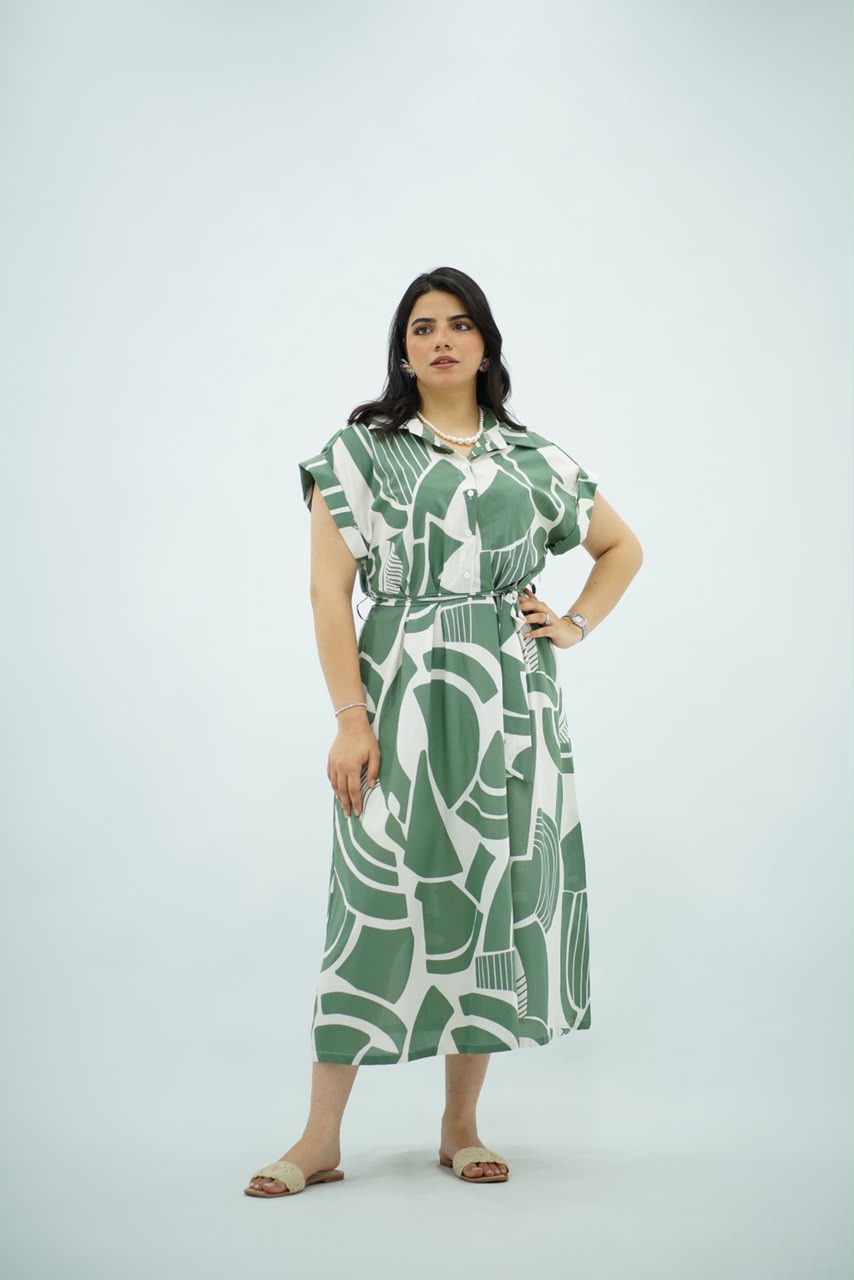 Robe Chemise Longue Imprimé Graphique Vert