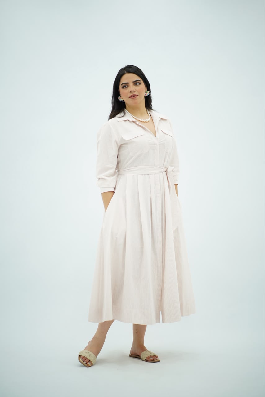 Robe Saumon Chemise Évasée Ceinturée