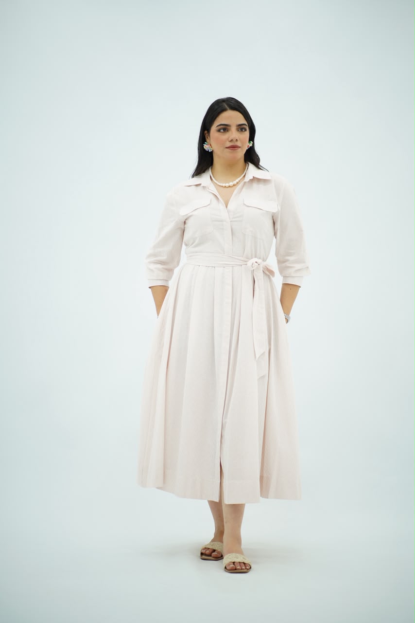 Robe Saumon Chemise Évasée Ceinturée