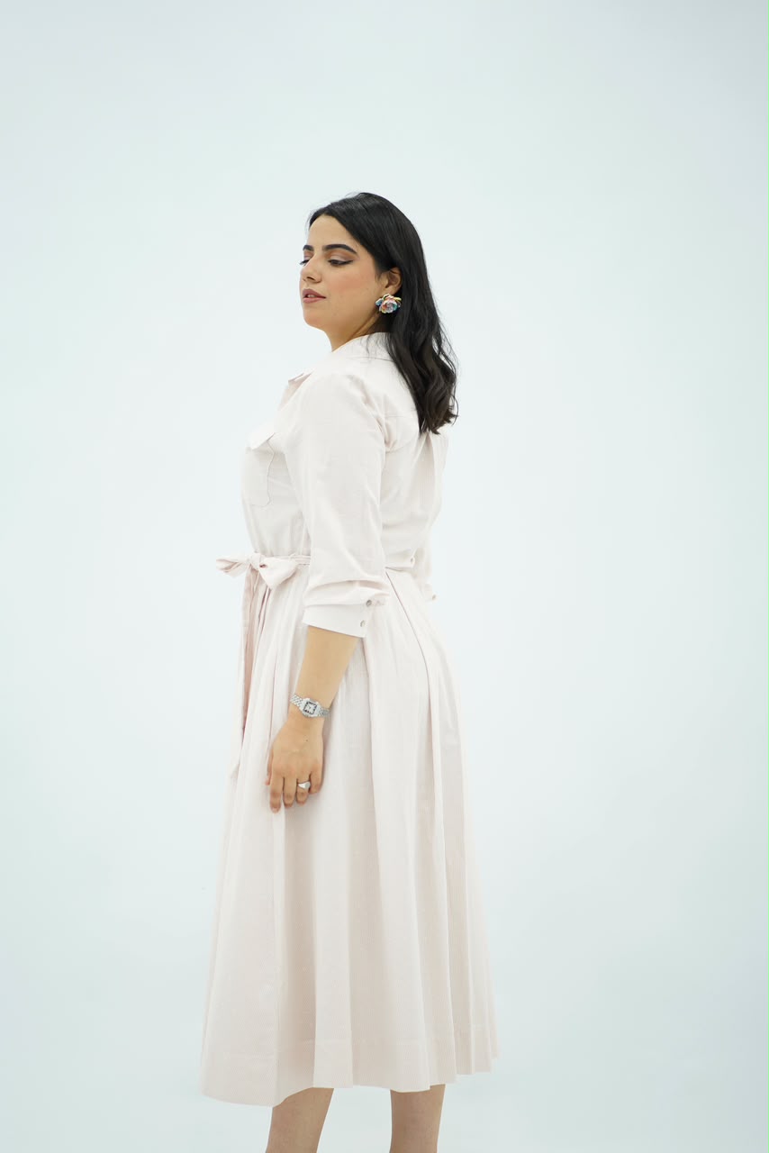 Robe Saumon Chemise Évasée Ceinturée