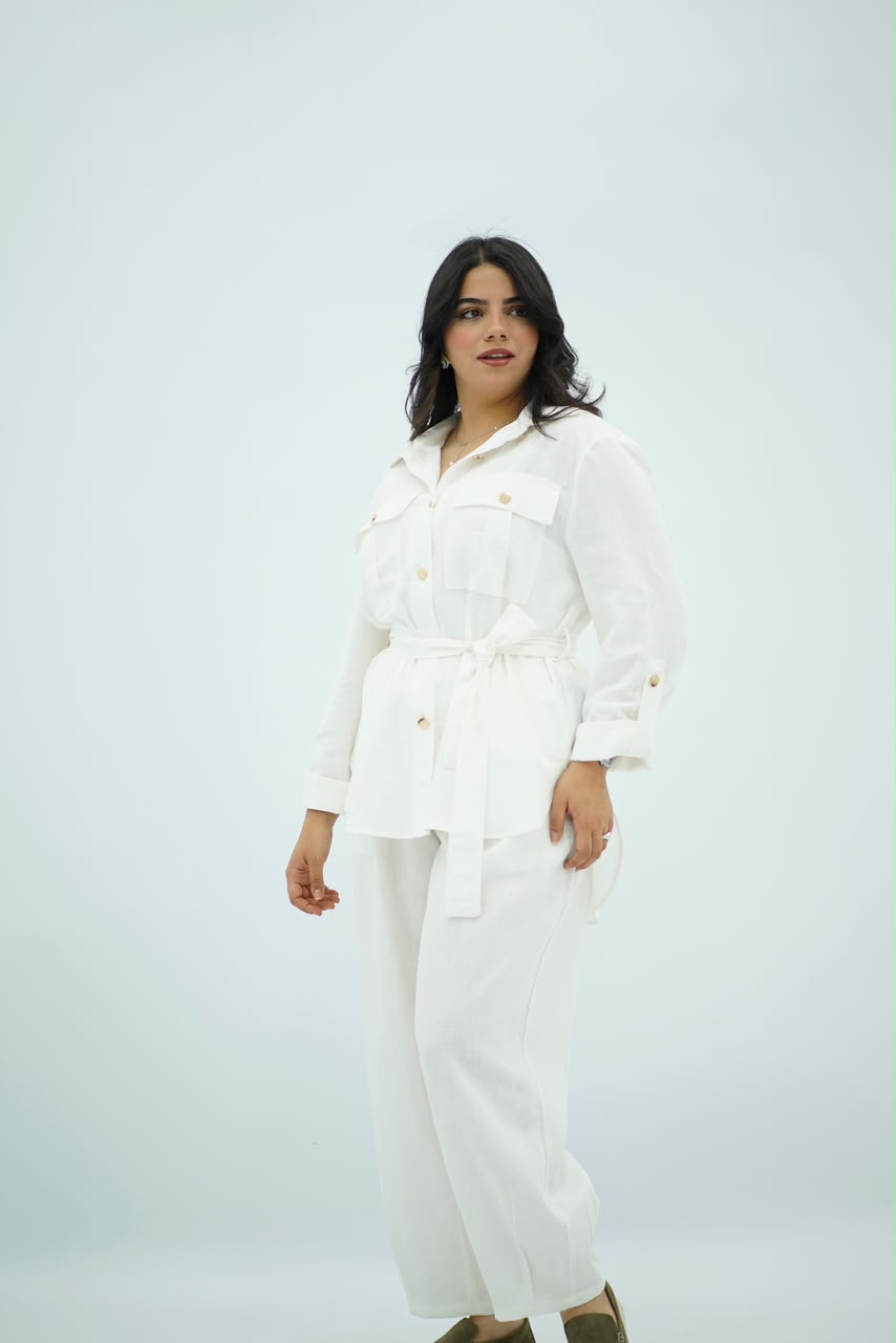 Ensemble En Lin Blanc Ceinturée