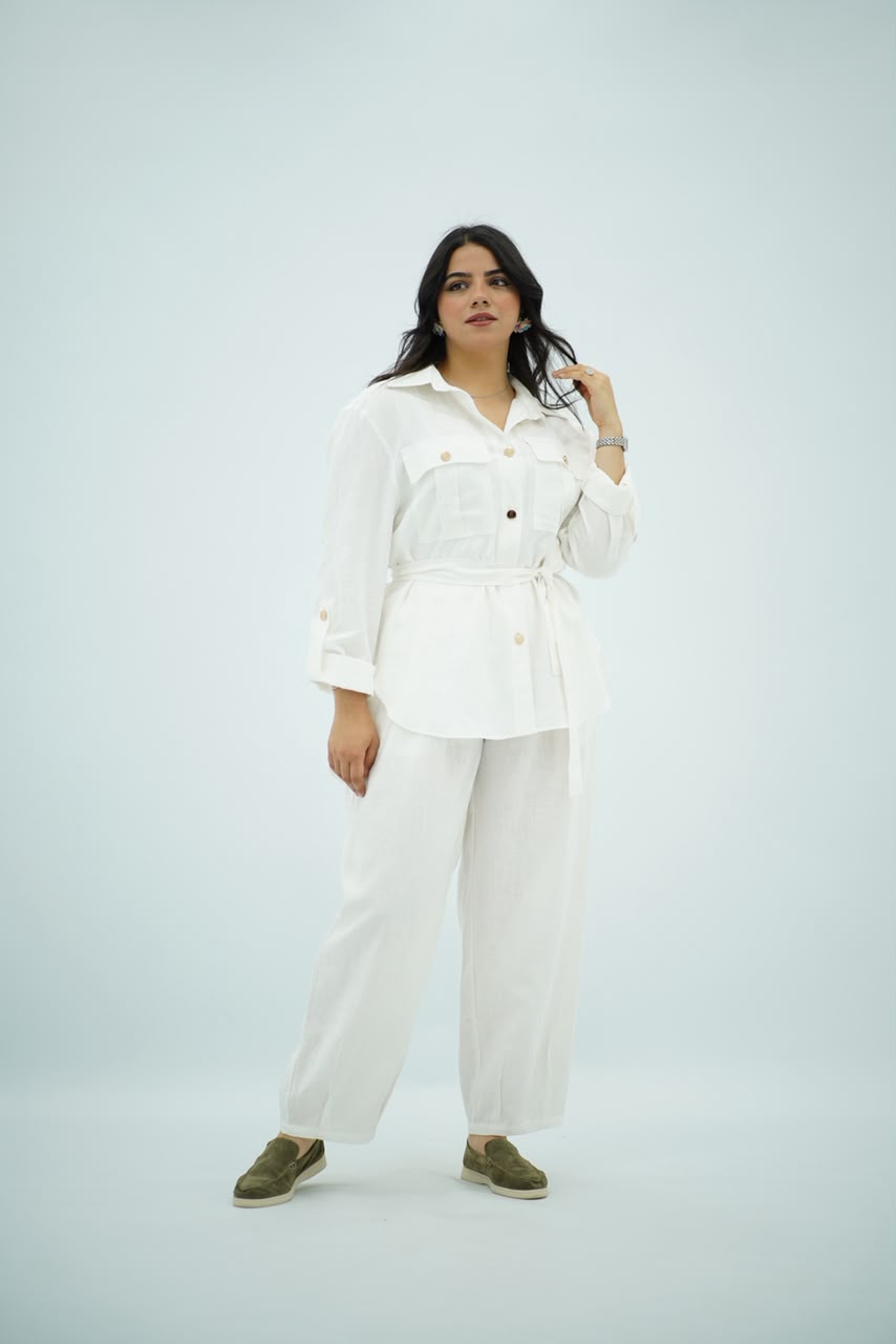 Ensemble En Lin Blanc Ceinturée