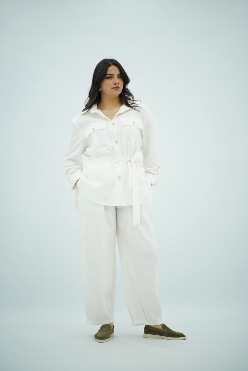 Ensemble En Lin Blanc Ceinturée