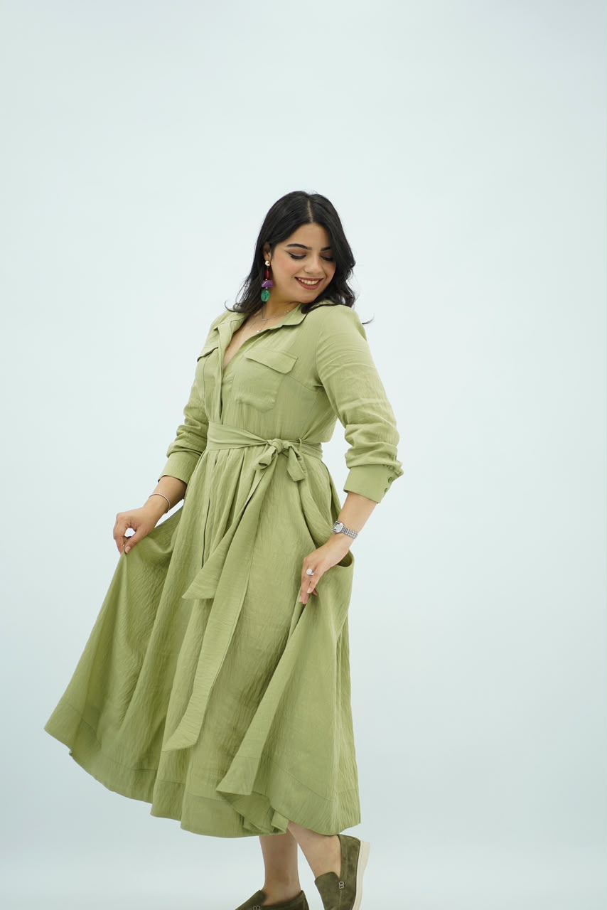 Robe Vert Pistache Ceinturée
