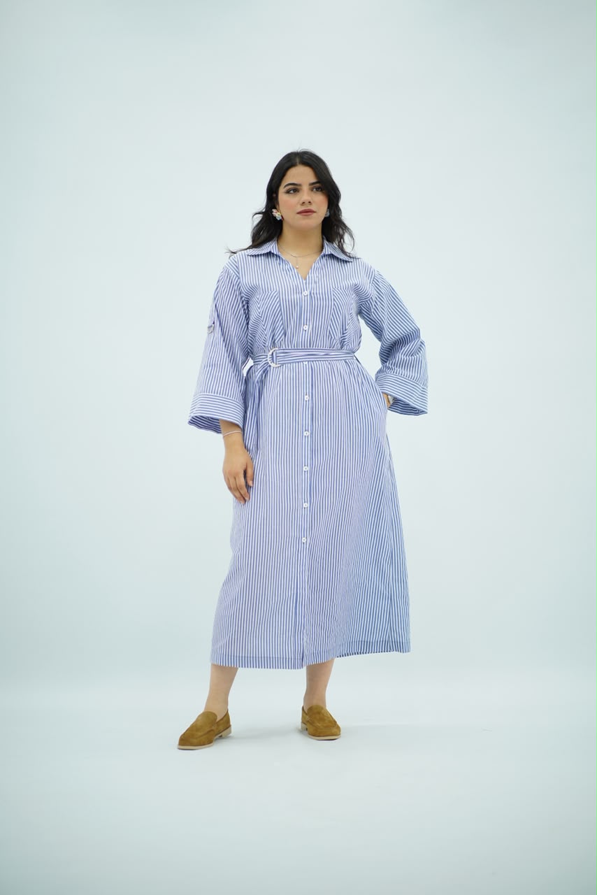 Robe Bleu ciel rayé blanc Ceinturée