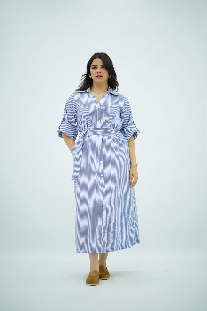 Robe Bleu ciel rayé blanc Ceinturée
