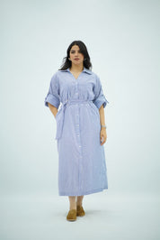 Robe Bleu ciel rayé blanc Ceinturée