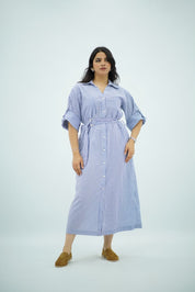 Robe Bleu ciel rayé blanc Ceinturée