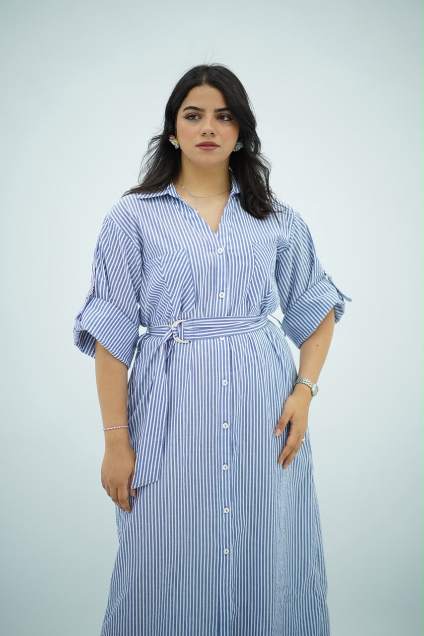 Robe Bleu ciel rayé blanc Ceinturée