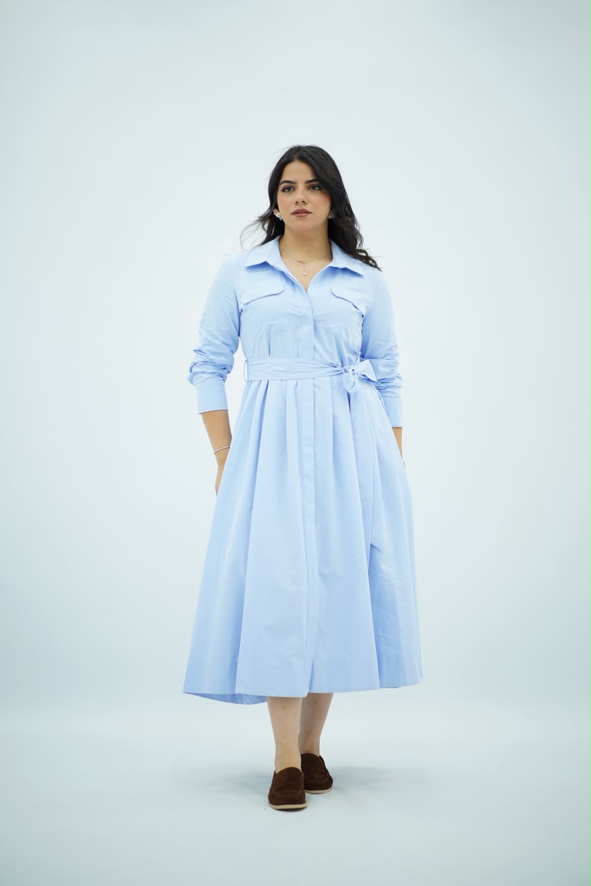 Robe Bleu ciel Ceinturée En Popeline