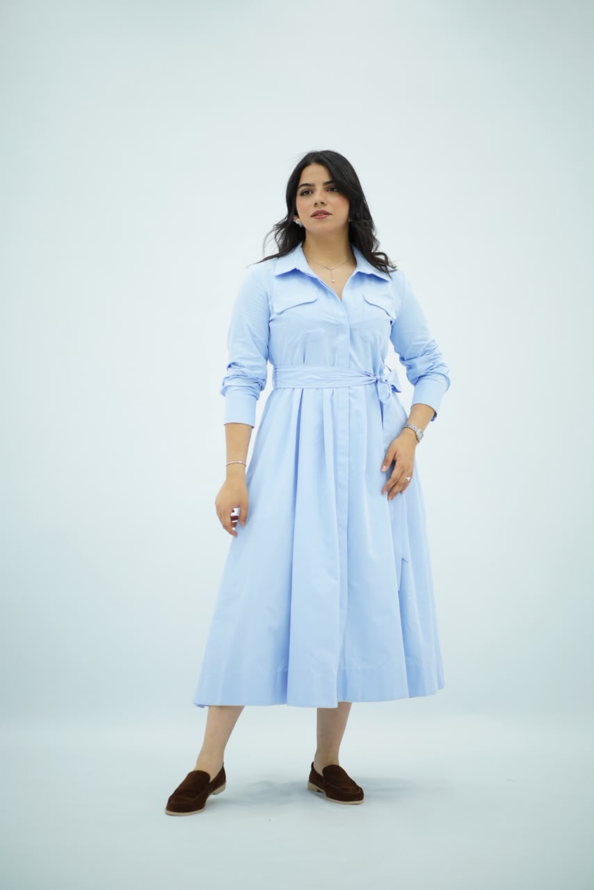 Robe Bleu ciel Ceinturée En Popeline