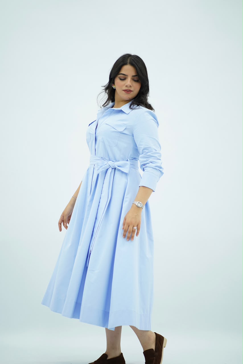 Robe Bleu ciel Ceinturée En Popeline