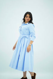 Robe Bleu ciel Ceinturée En Popeline