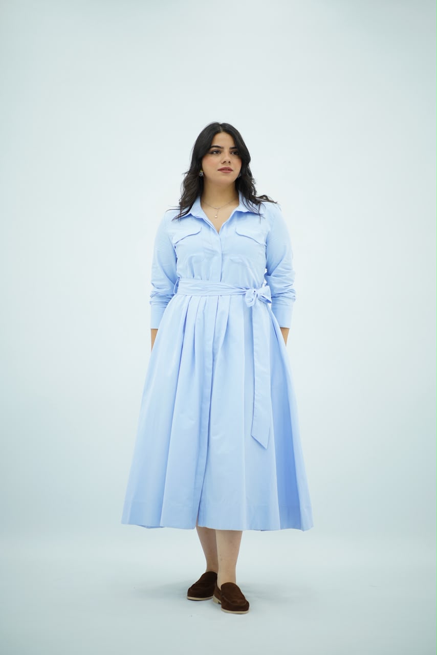 Robe Bleu ciel Ceinturée En Popeline