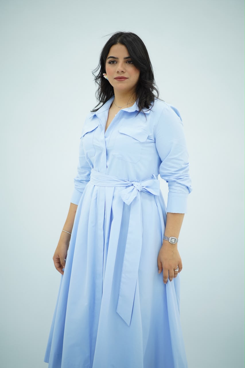 Robe Bleu ciel Ceinturée En Popeline