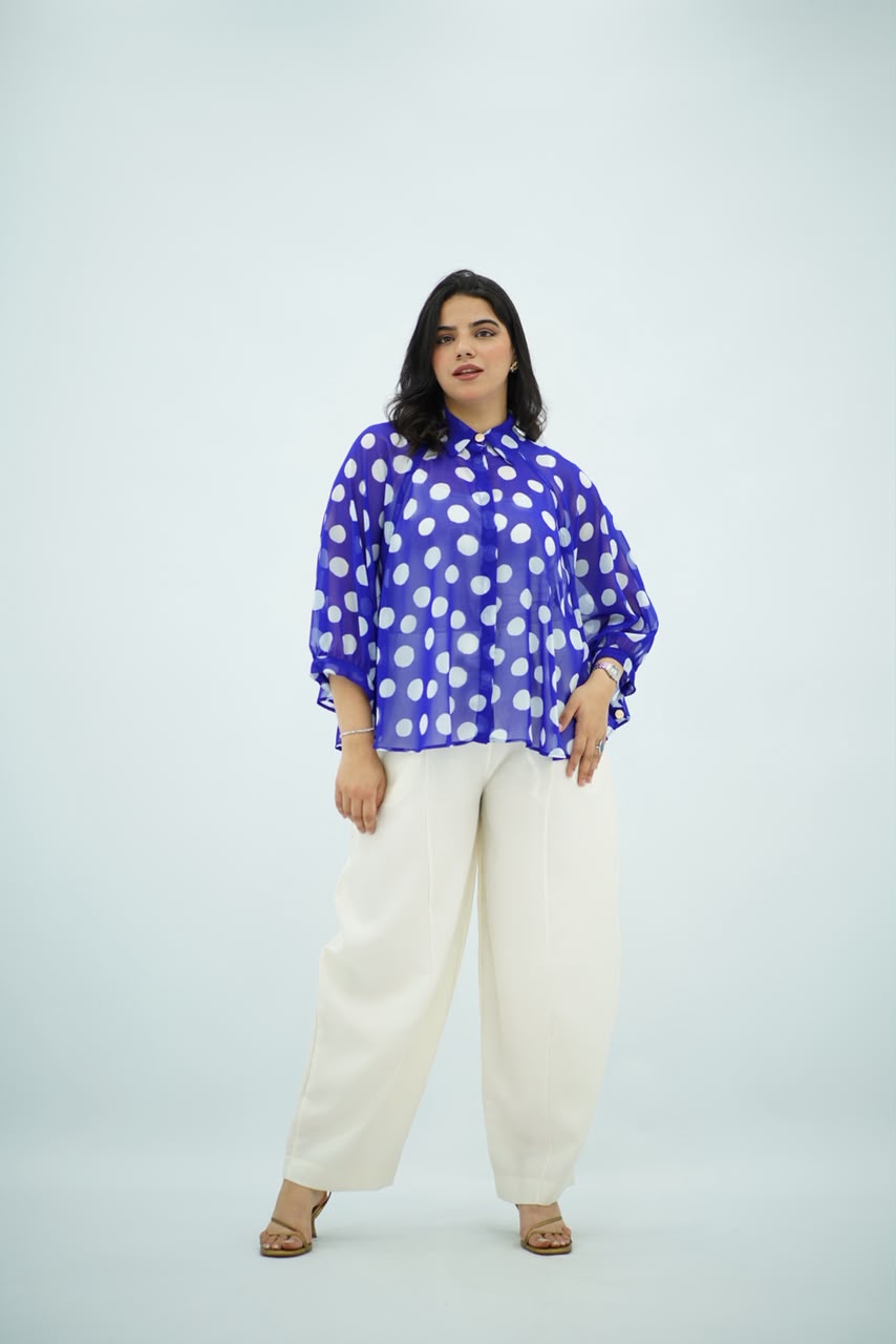 Blouse Bleu Roi Fluide à Pois
