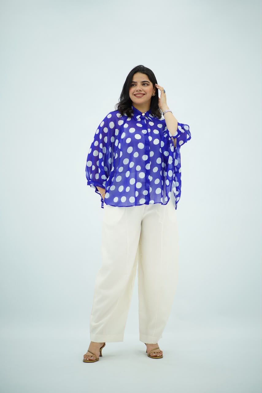 Blouse Bleu Roi Fluide à Pois