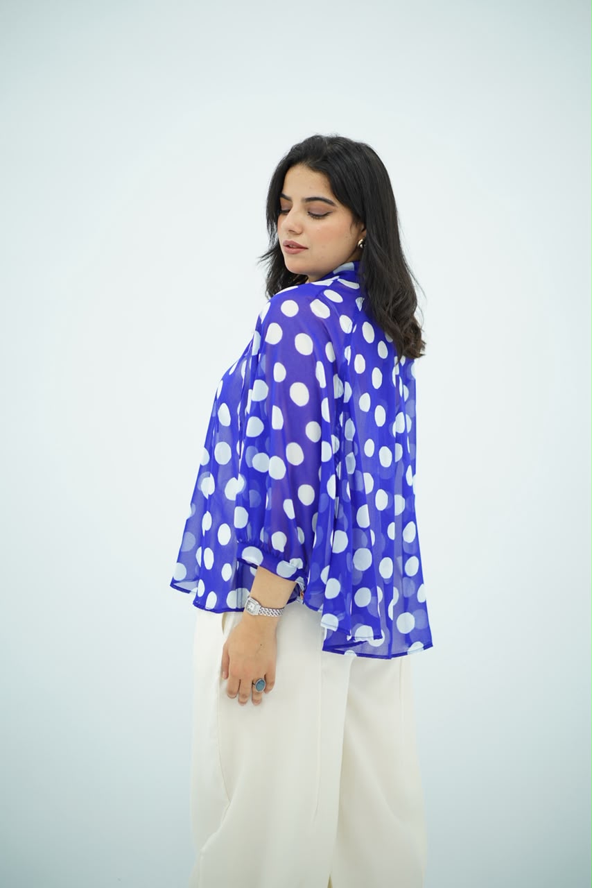 Blouse Bleu Roi Fluide à Pois