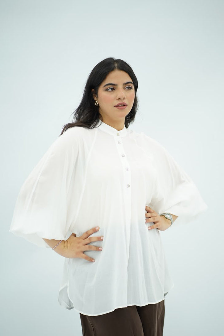 Chemise Oversize Blanche à Manches Bouffantes